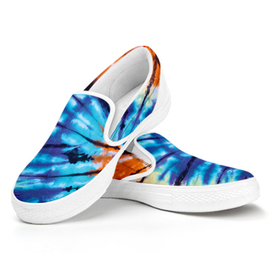 Blue And Orange Tie Dye Print White Slip On Shoes