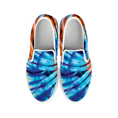 Blue And Orange Tie Dye Print White Slip On Shoes