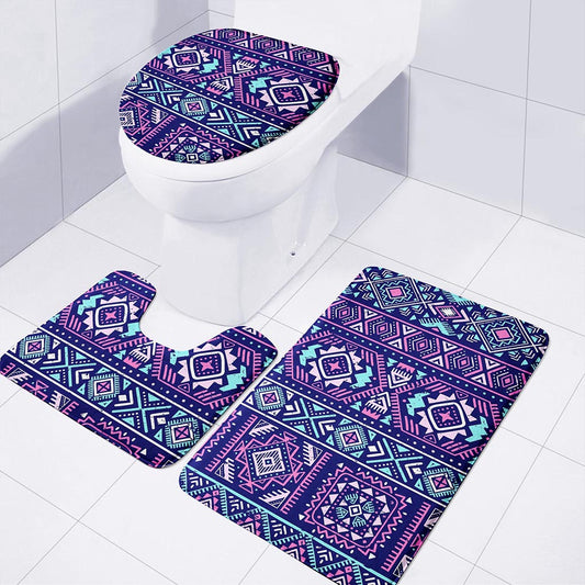 Blue And Pink Aztec Pattern Print 3 Piece Bath Mat Set