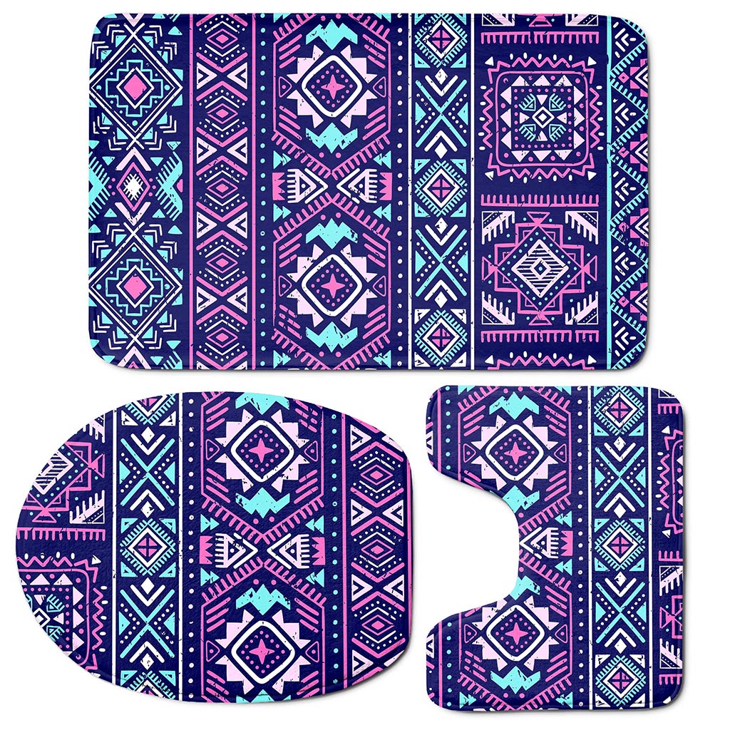 Blue And Pink Aztec Pattern Print 3 Piece Bath Mat Set