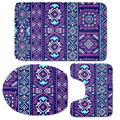 Blue And Pink Aztec Pattern Print 3 Piece Bath Mat Set