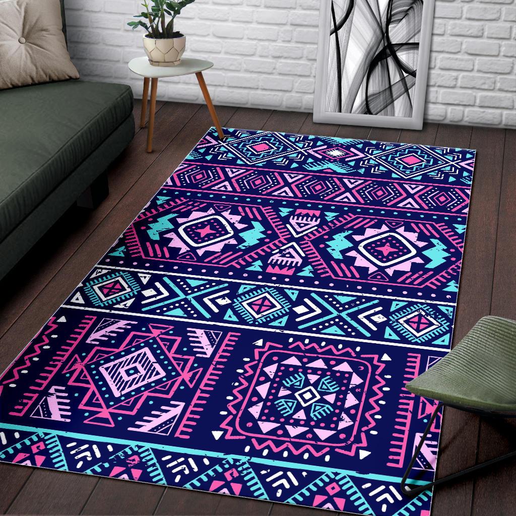 Blue And Pink Aztec Pattern Print Area Rug GearFrost