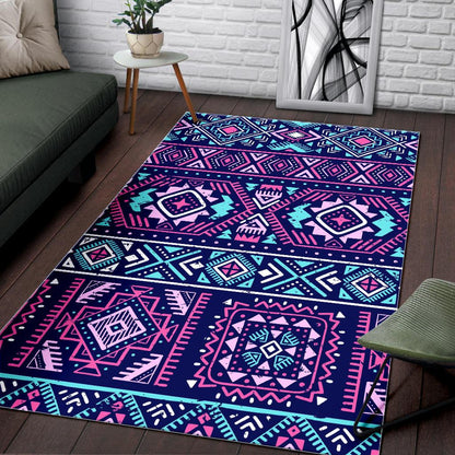 Blue And Pink Aztec Pattern Print Area Rug GearFrost