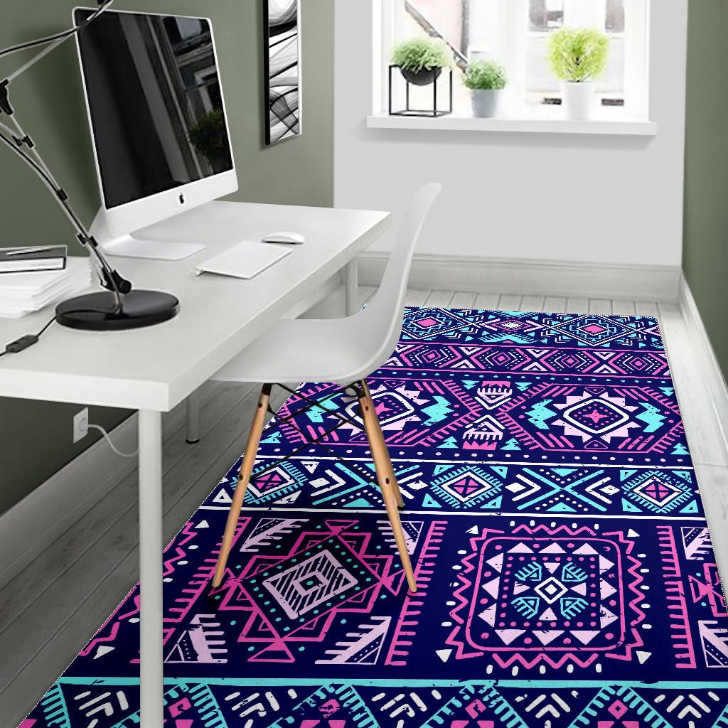 Blue And Pink Aztec Pattern Print Area Rug GearFrost