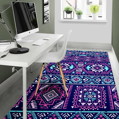 Blue And Pink Aztec Pattern Print Area Rug GearFrost