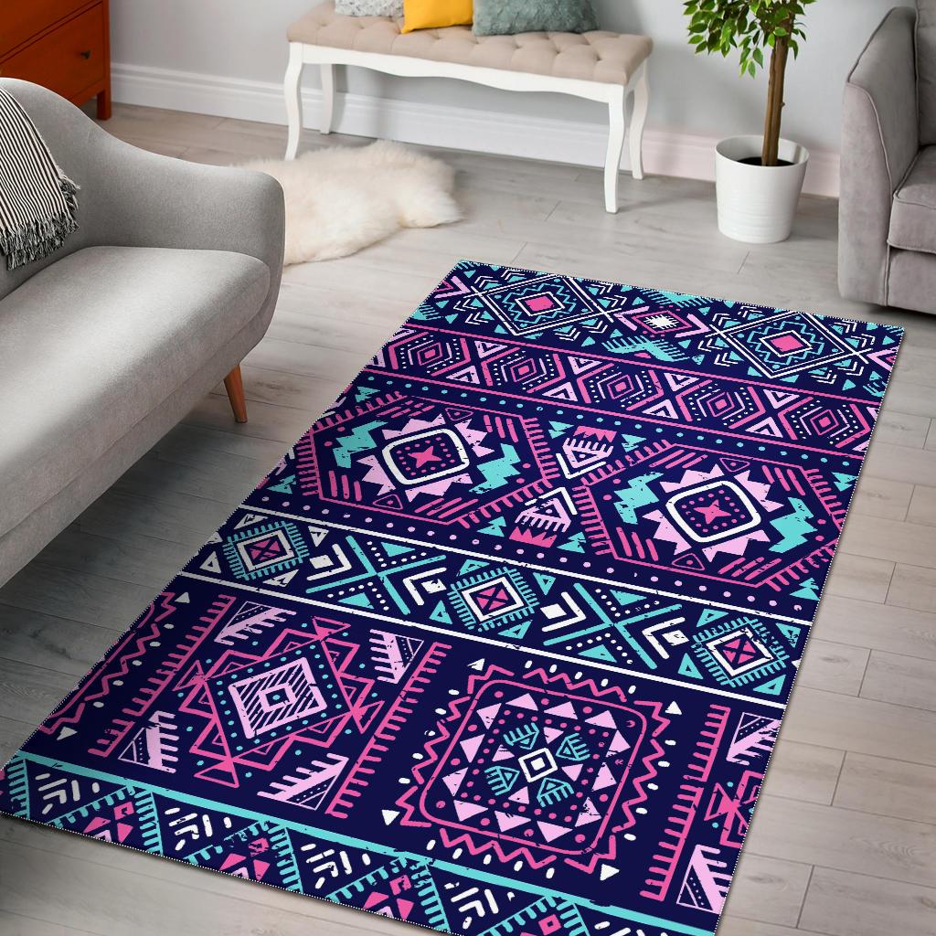 Blue And Pink Aztec Pattern Print Area Rug GearFrost