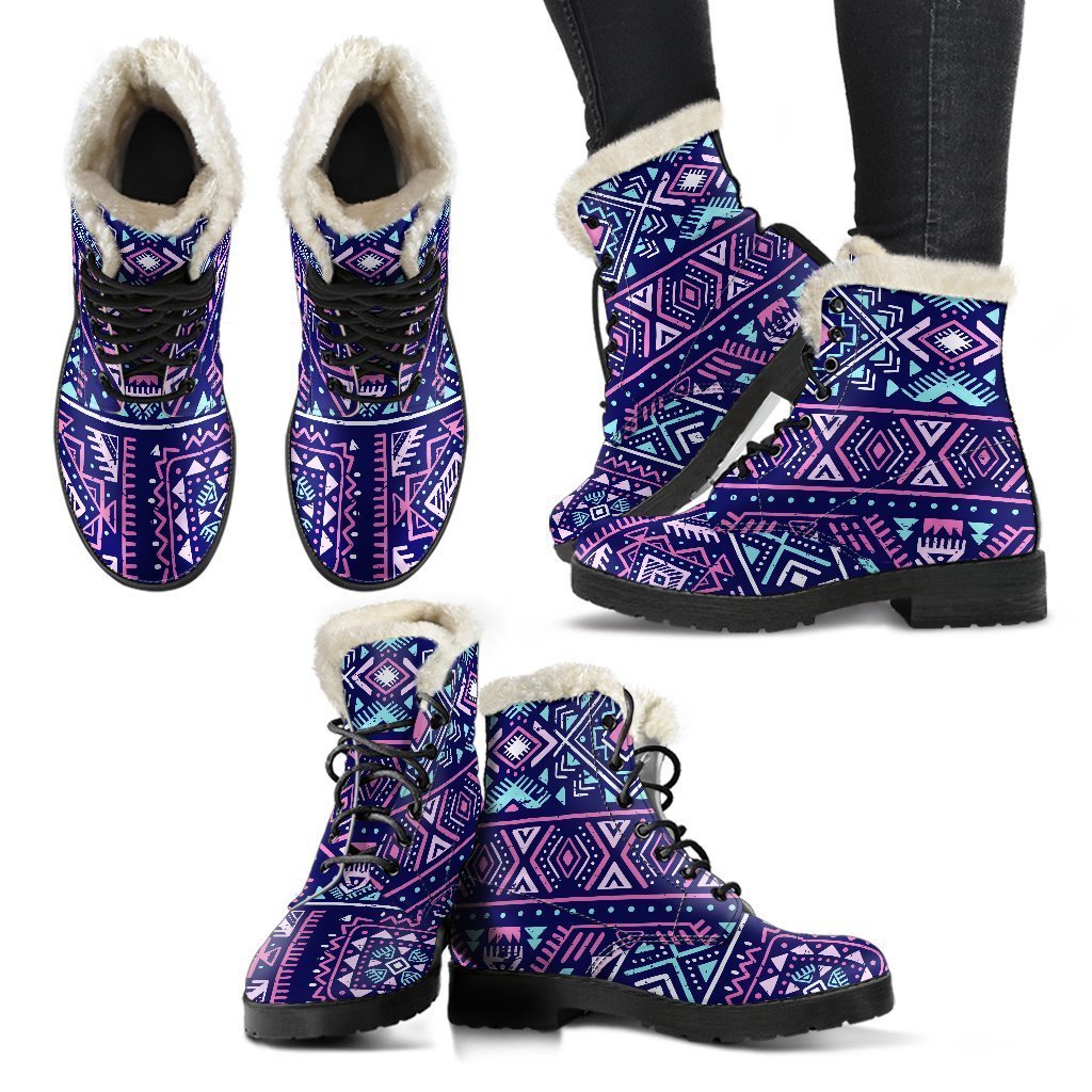 Blue And Pink Aztec Pattern Print Comfy Boots GearFrost