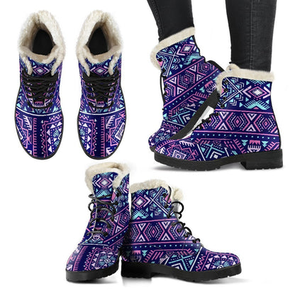 Blue And Pink Aztec Pattern Print Comfy Boots GearFrost