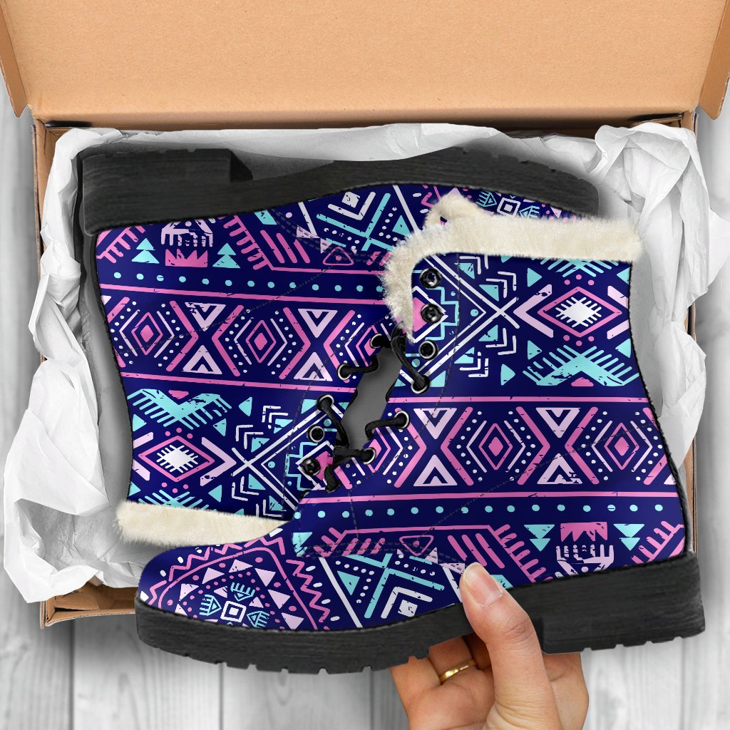 Blue And Pink Aztec Pattern Print Comfy Boots GearFrost