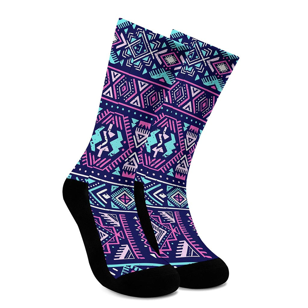 Blue And Pink Aztec Pattern Print Crew Socks