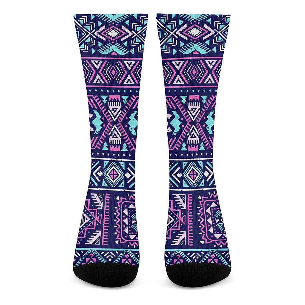 Blue And Pink Aztec Pattern Print Crew Socks