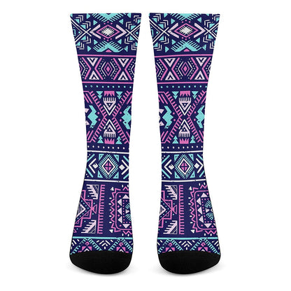 Blue And Pink Aztec Pattern Print Crew Socks