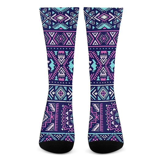 Blue And Pink Aztec Pattern Print Crew Socks