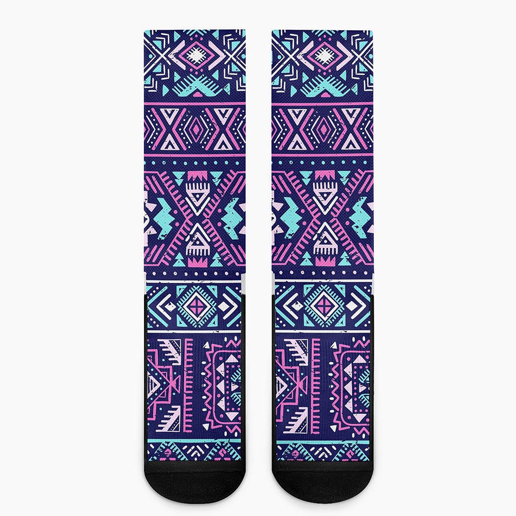 Blue And Pink Aztec Pattern Print Crew Socks
