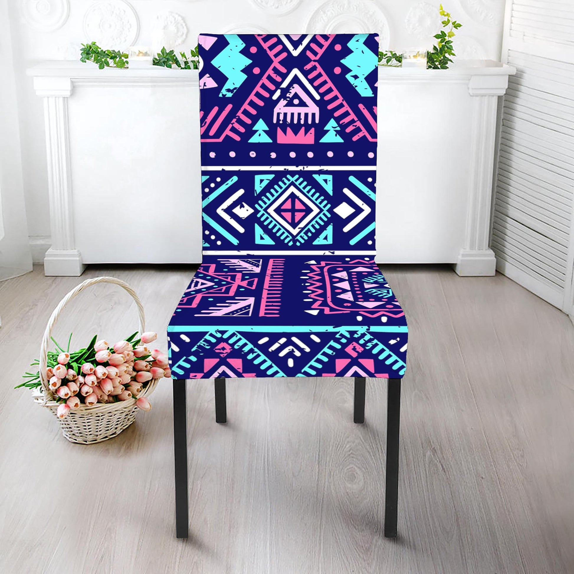 Blue And Pink Aztec Pattern Print Dining Chair Slipcover