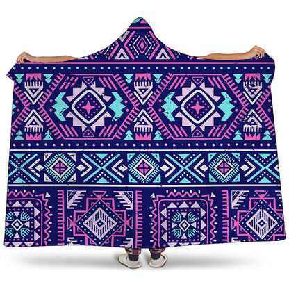 Blue And Pink Aztec Pattern Print Hooded Blanket