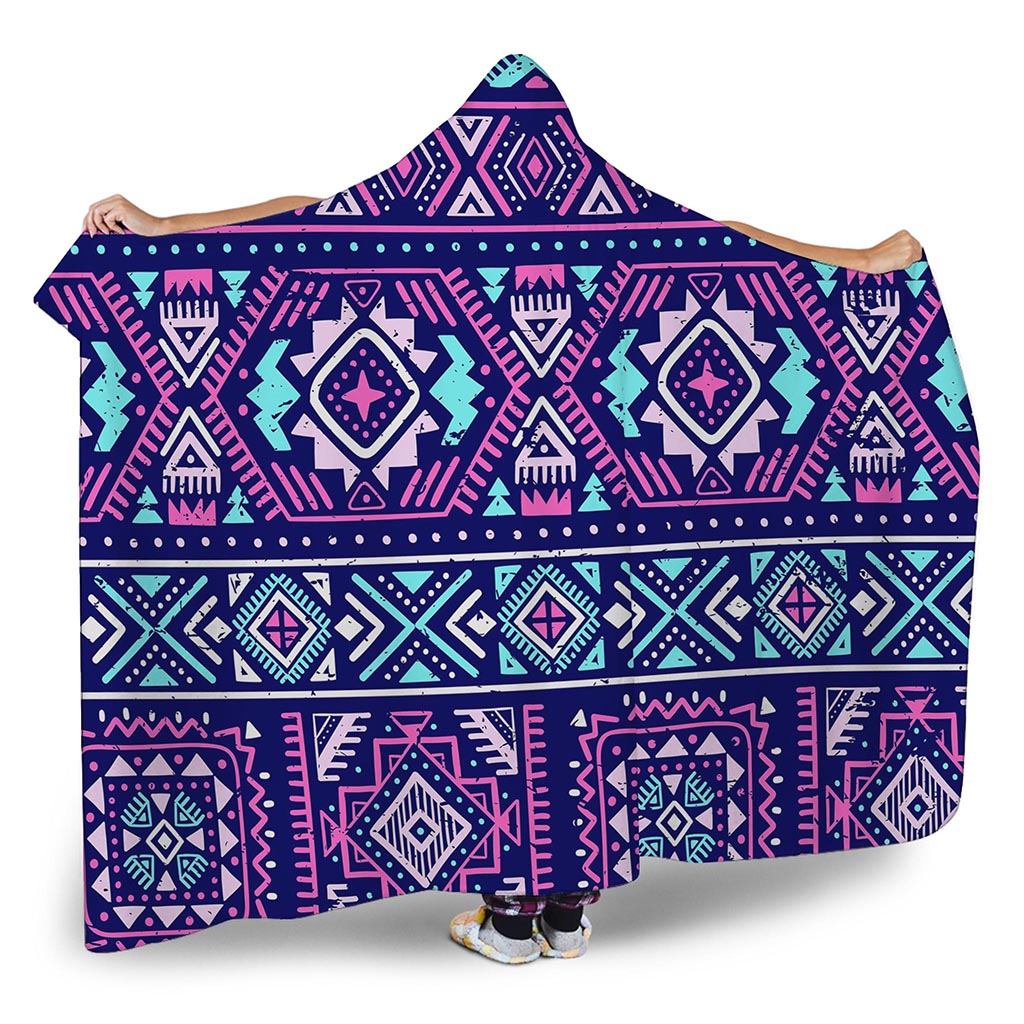 Blue And Pink Aztec Pattern Print Hooded Blanket