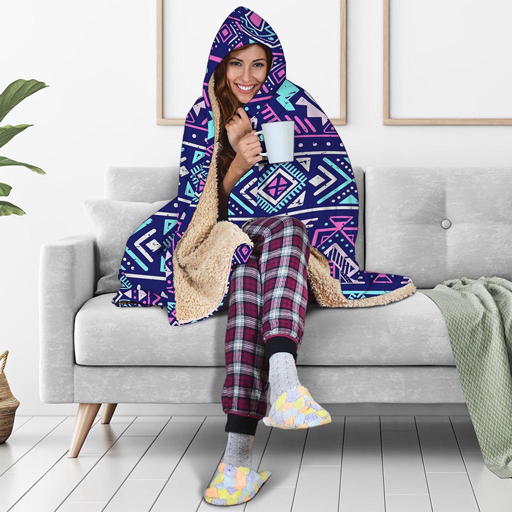 Blue And Pink Aztec Pattern Print Hooded Blanket
