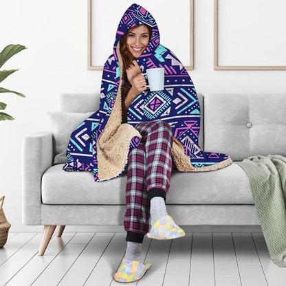 Blue And Pink Aztec Pattern Print Hooded Blanket