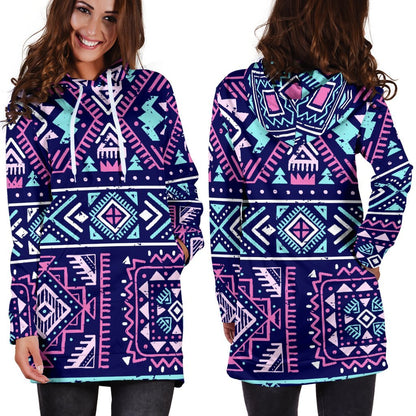 Blue And Pink Aztec Pattern Print Hoodie Dress GearFrost
