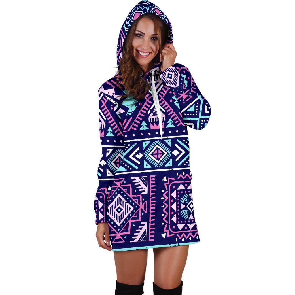 Blue And Pink Aztec Pattern Print Hoodie Dress GearFrost