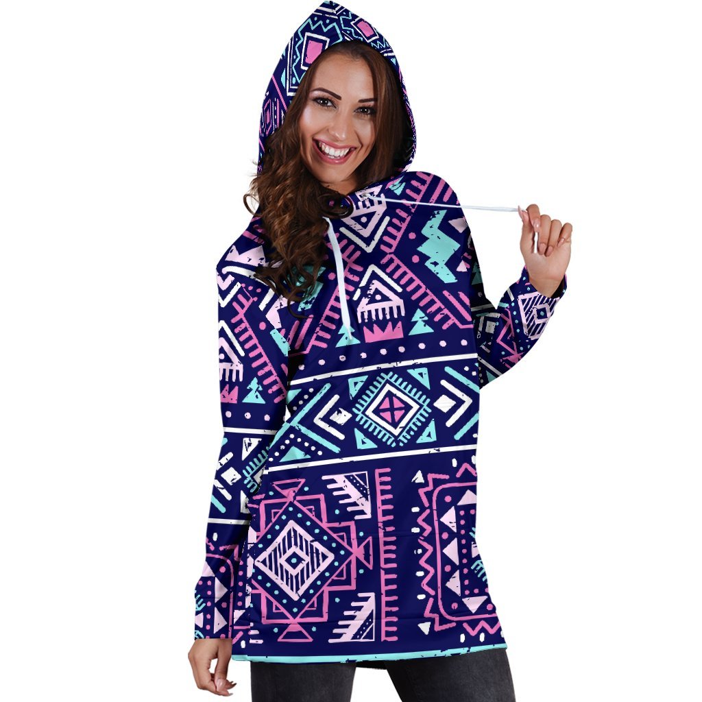 Blue And Pink Aztec Pattern Print Hoodie Dress GearFrost