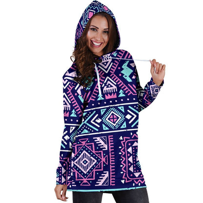Blue And Pink Aztec Pattern Print Hoodie Dress GearFrost