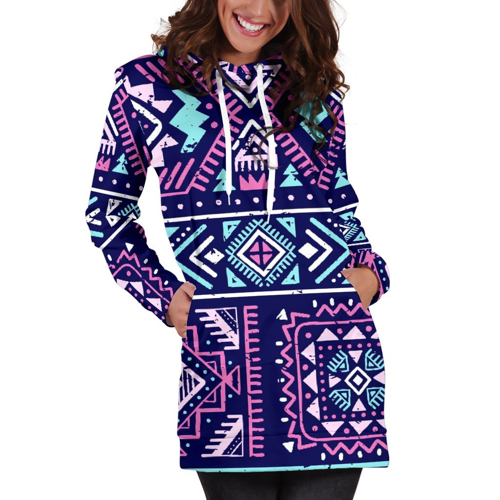 Blue And Pink Aztec Pattern Print Hoodie Dress GearFrost