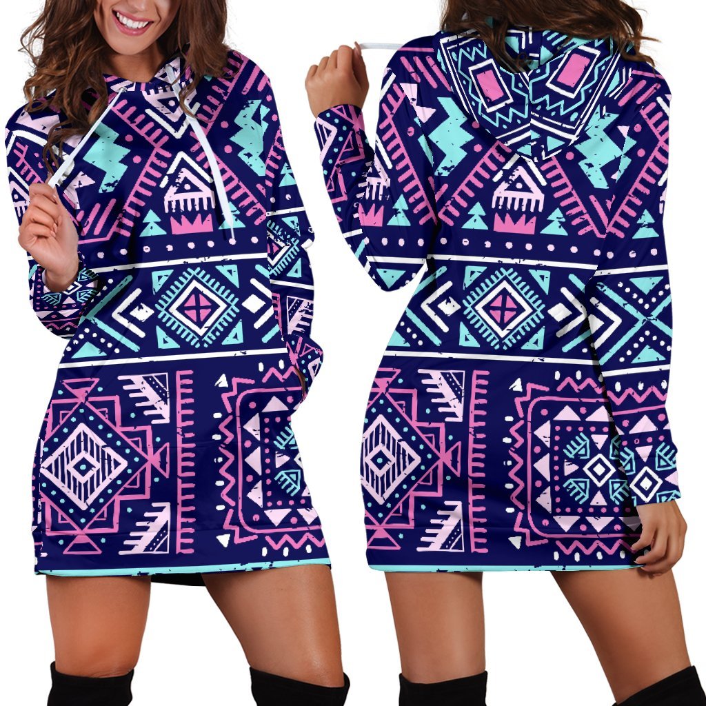 Blue And Pink Aztec Pattern Print Hoodie Dress GearFrost