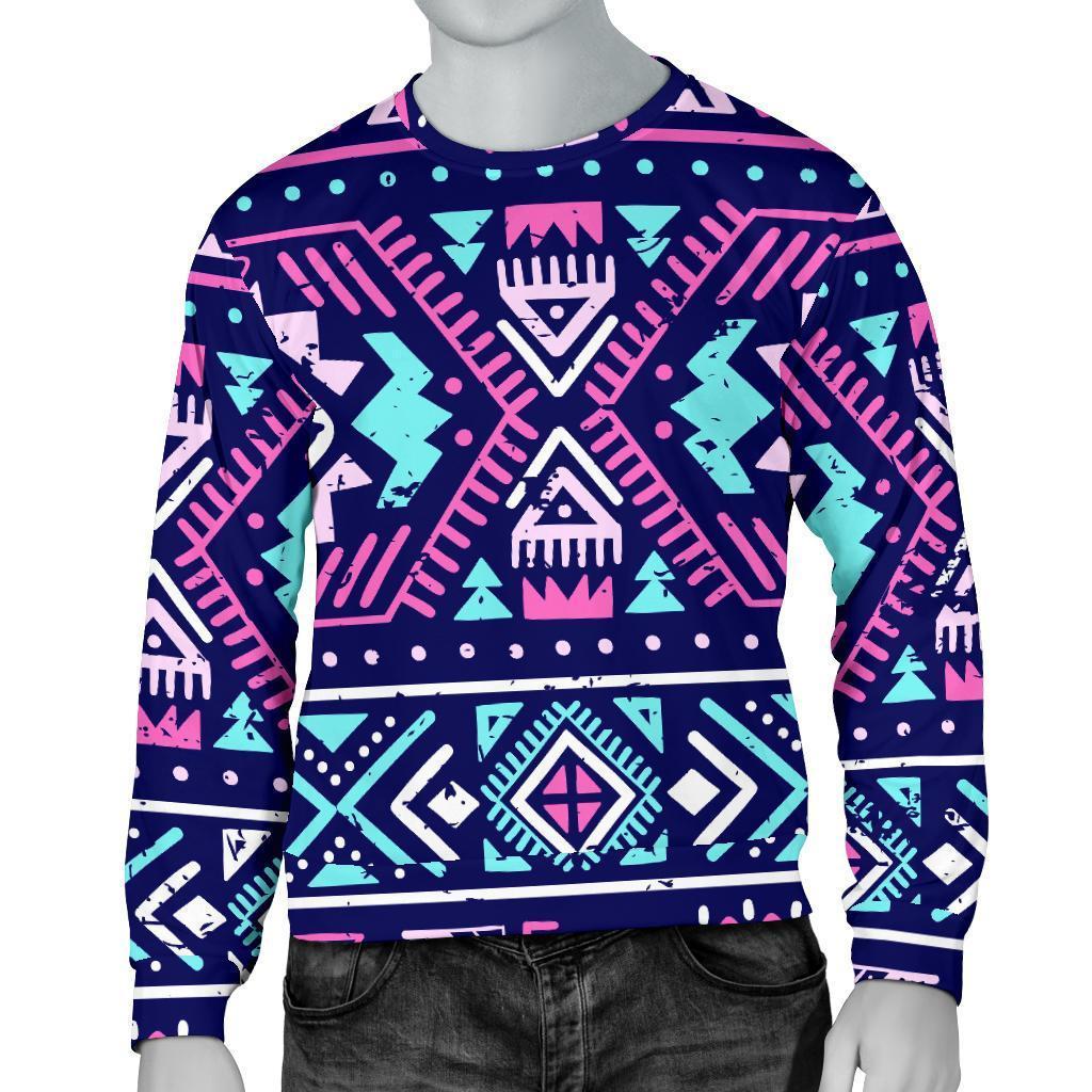 Blue And Pink Aztec Pattern Print Men's Crewneck Sweatshirt GearFrost