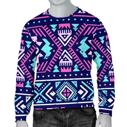 Blue And Pink Aztec Pattern Print Men's Crewneck Sweatshirt GearFrost