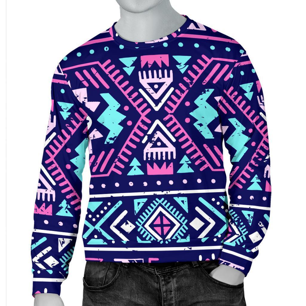 Blue And Pink Aztec Pattern Print Men's Crewneck Sweatshirt GearFrost
