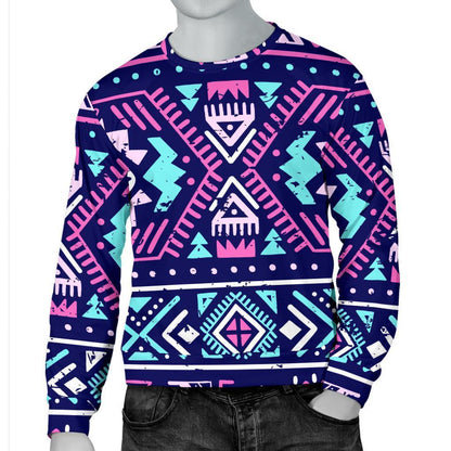 Blue And Pink Aztec Pattern Print Men's Crewneck Sweatshirt GearFrost