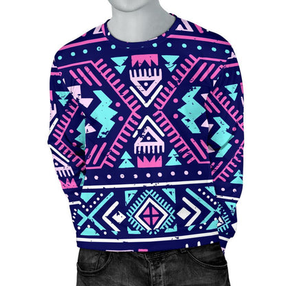 Blue And Pink Aztec Pattern Print Men's Crewneck Sweatshirt GearFrost