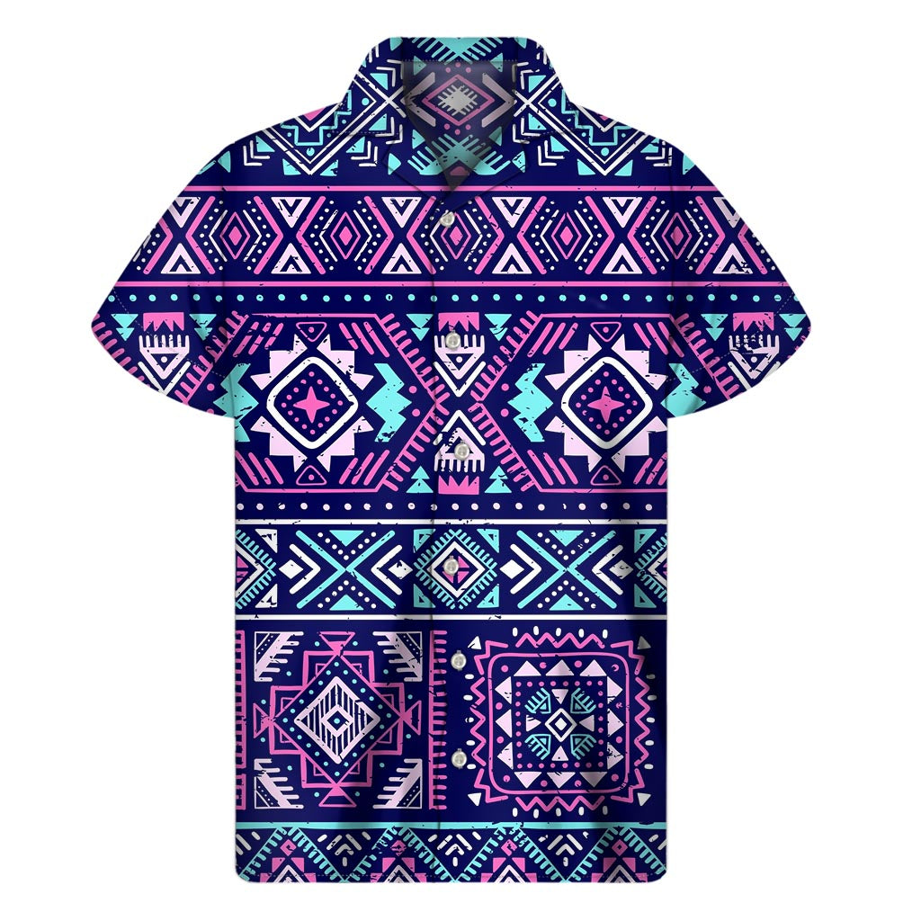Blue And Pink Aztec Pattern Print Men's Short Sleeve Shirt