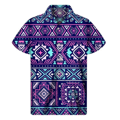 Blue And Pink Aztec Pattern Print Men's Short Sleeve Shirt