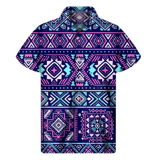 Blue And Pink Aztec Pattern Print Men's Short Sleeve Shirt