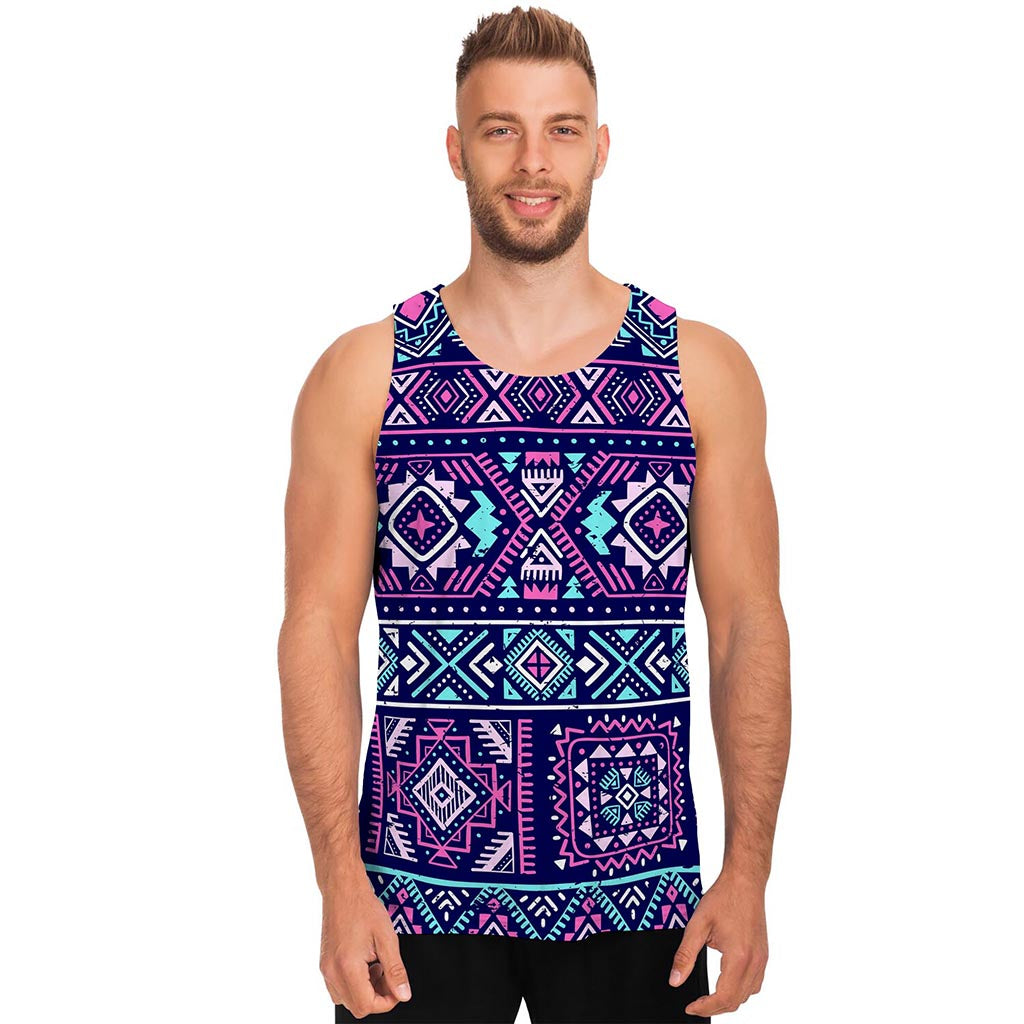 Blue And Pink Aztec Pattern Print Men's Tank Top