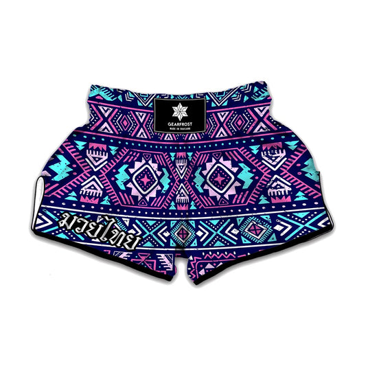 Blue And Pink Aztec Pattern Print Muay Thai Boxing Shorts