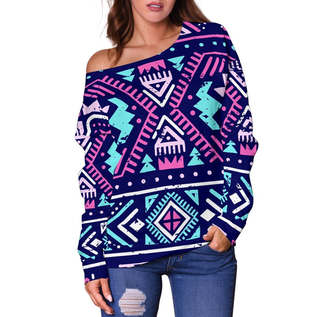 Blue And Pink Aztec Pattern Print Off Shoulder Sweatshirt GearFrost