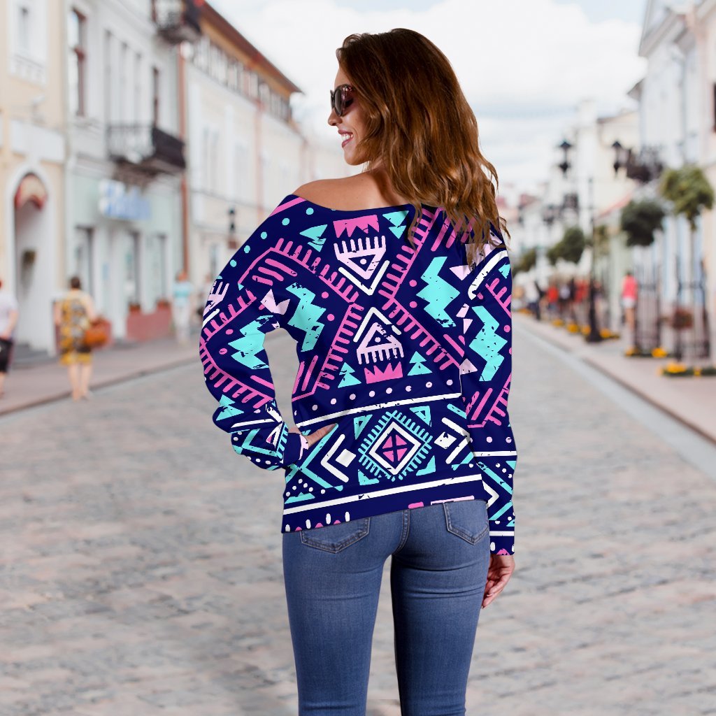 Blue And Pink Aztec Pattern Print Off Shoulder Sweatshirt GearFrost