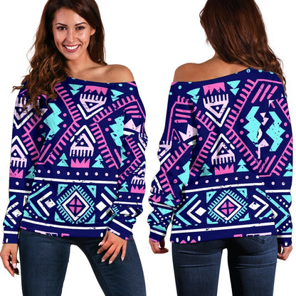 Blue And Pink Aztec Pattern Print Off Shoulder Sweatshirt GearFrost