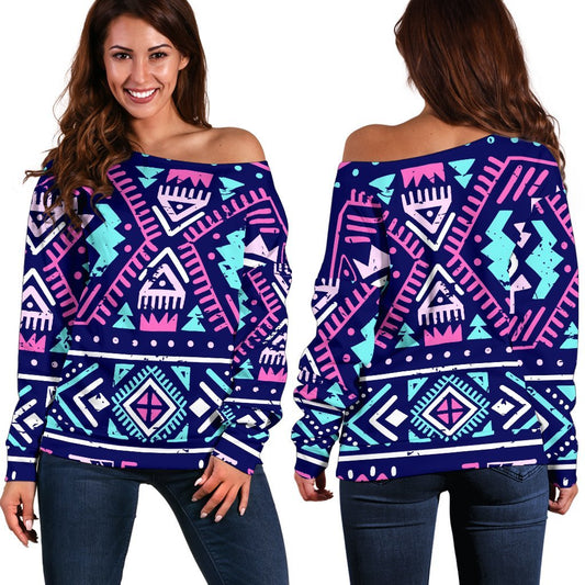 Blue And Pink Aztec Pattern Print Off Shoulder Sweatshirt GearFrost