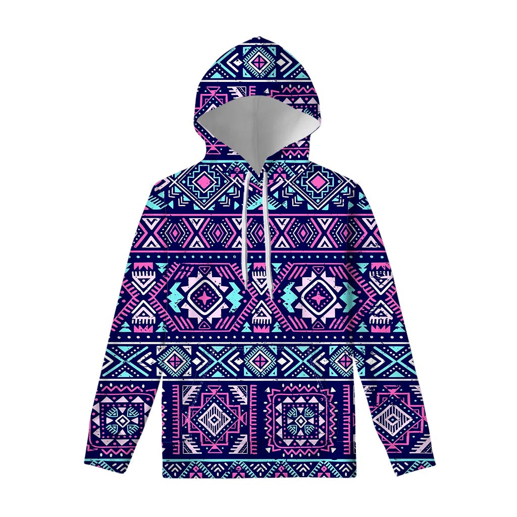 Blue And Pink Aztec Pattern Print Pullover Hoodie