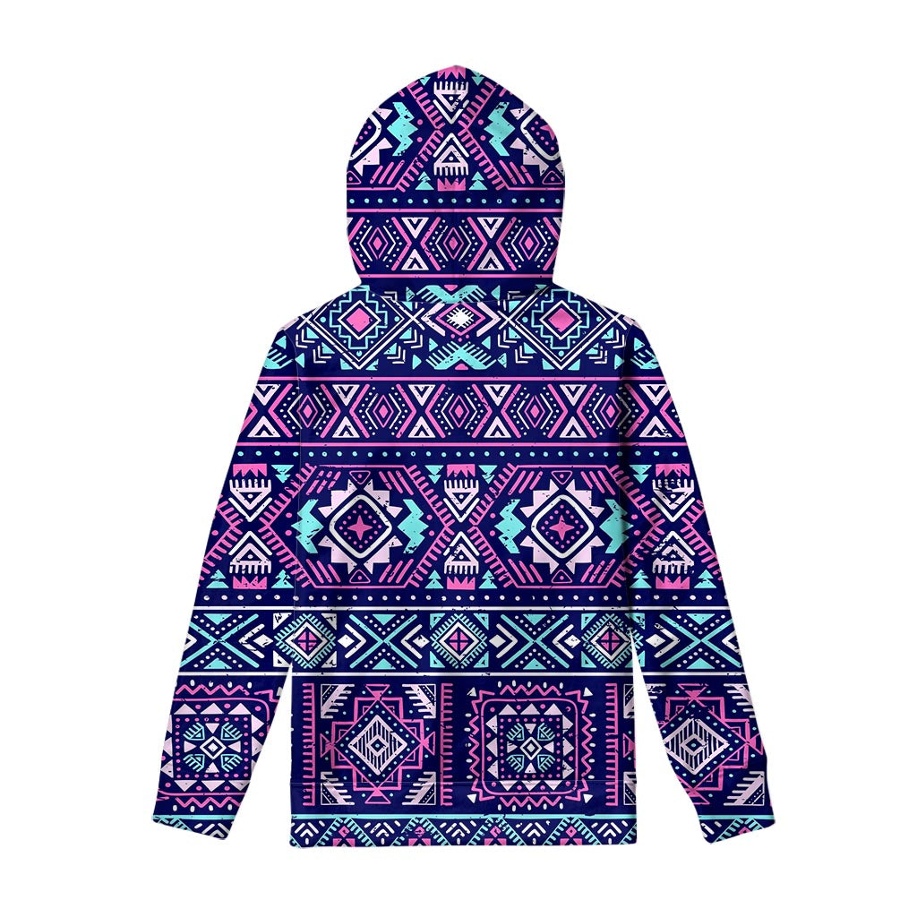 Blue And Pink Aztec Pattern Print Pullover Hoodie