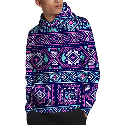 Blue And Pink Aztec Pattern Print Pullover Hoodie