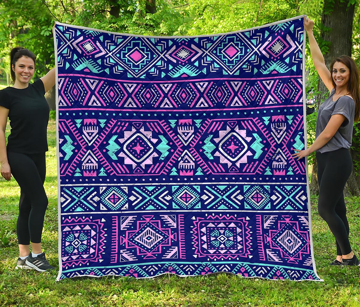 Blue And Pink Aztec Pattern Print Quilt