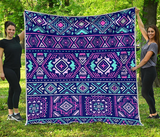 Blue And Pink Aztec Pattern Print Quilt