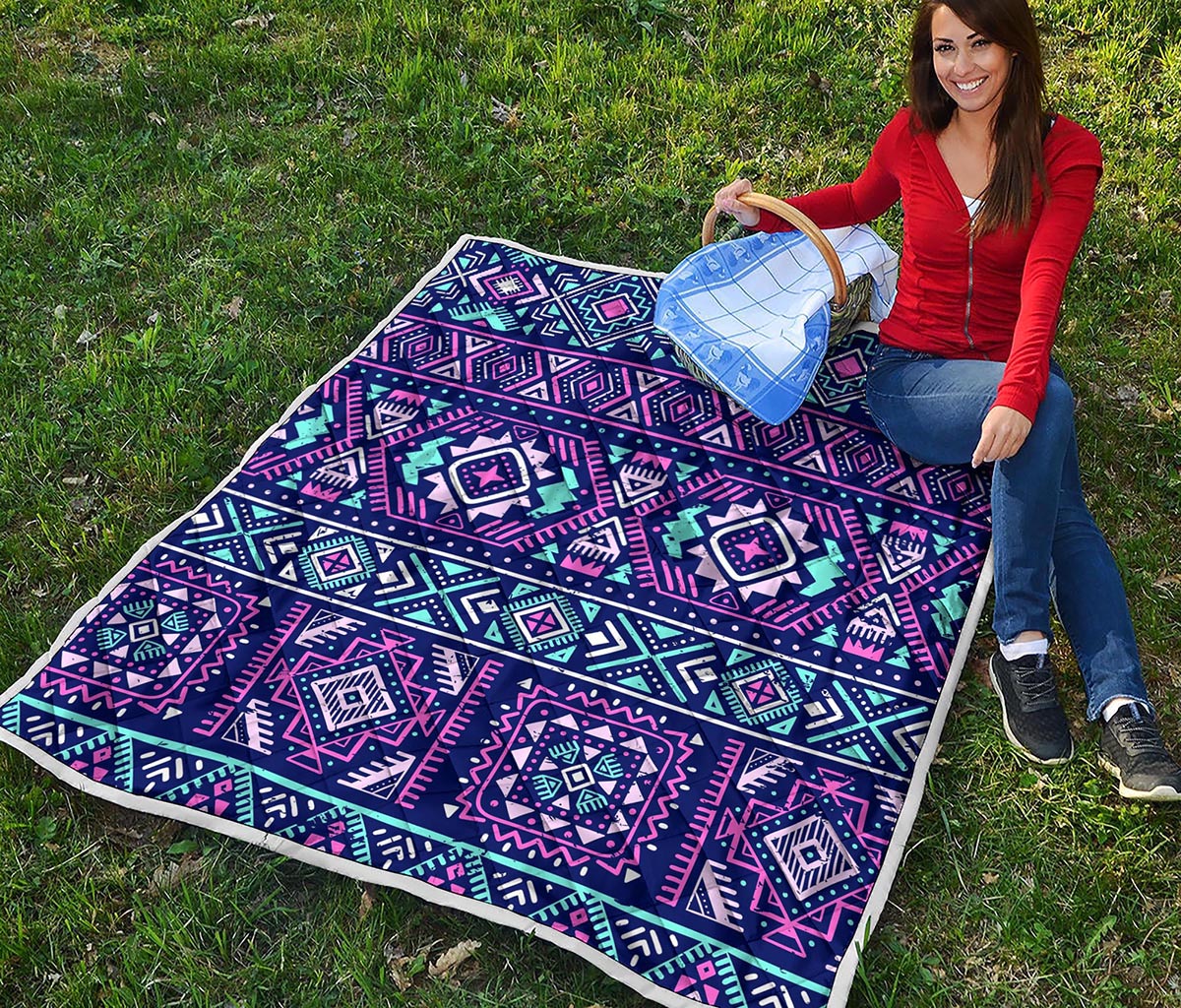 Blue And Pink Aztec Pattern Print Quilt