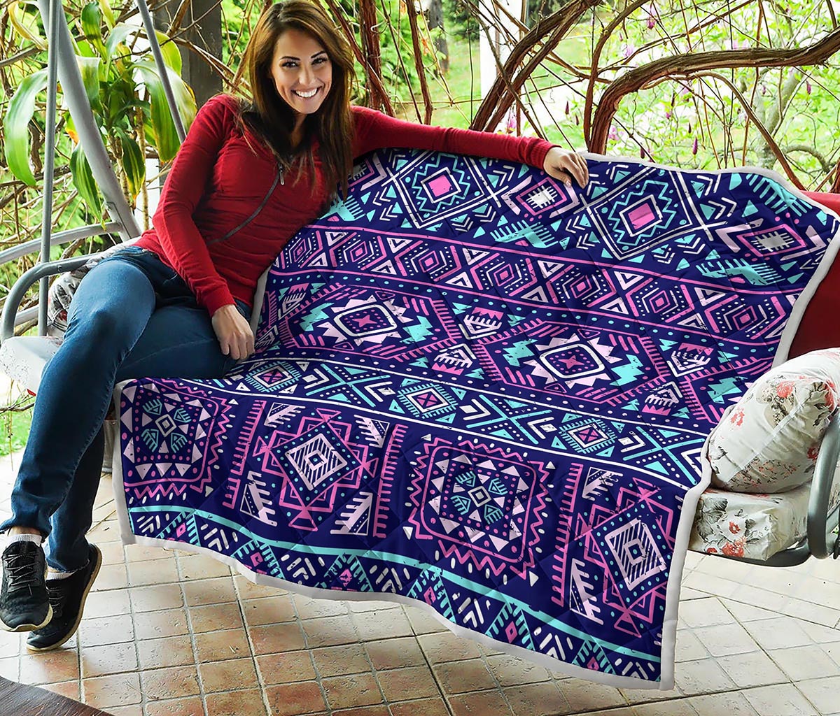 Blue And Pink Aztec Pattern Print Quilt